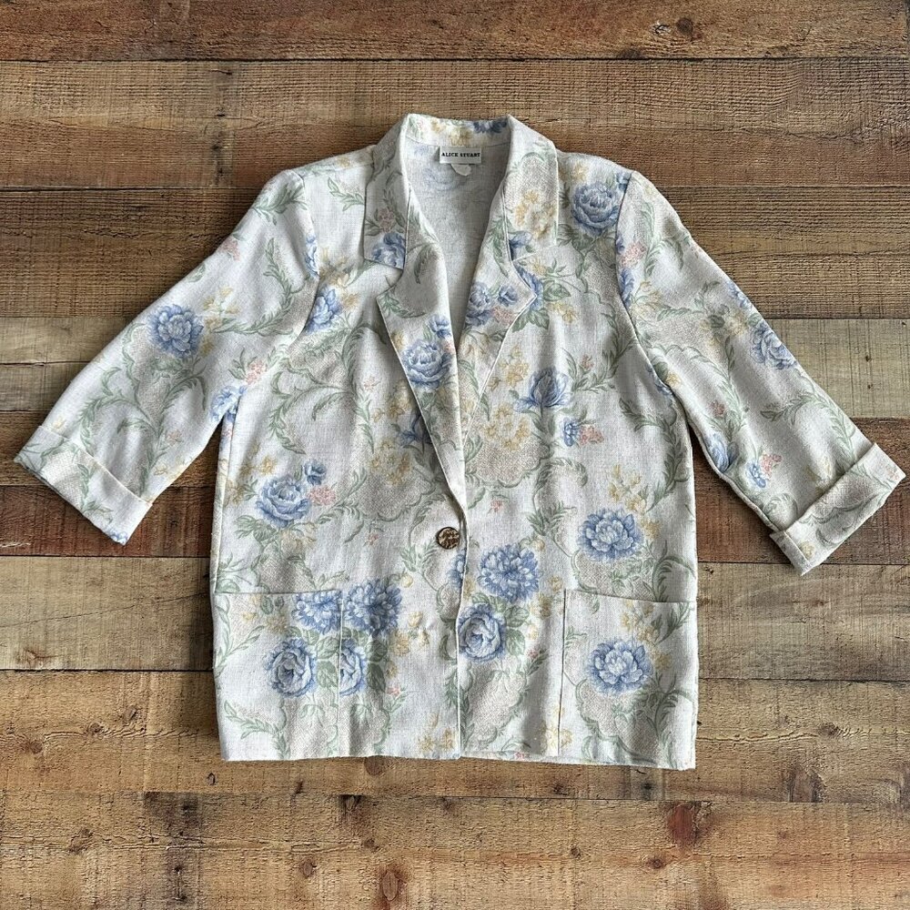 Alice Stuart Women's Vintage Blue and Yeloow Floral Blazer with Shoulder Pads -M